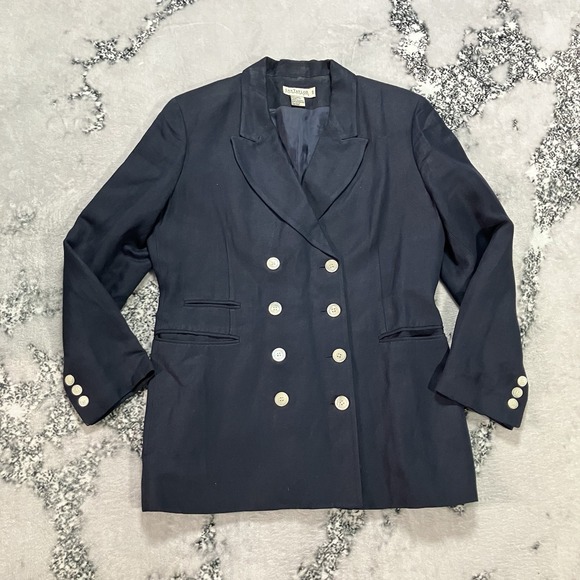 Ann Taylor Jackets & Blazers - Vtg Ann Taylor Double Breasted Blazer Womens Size 10P Navy‎ Linen Blend Nautical